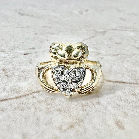 Vintage 14K Gold Diamond Claddagh Ring - Promise … - image 10