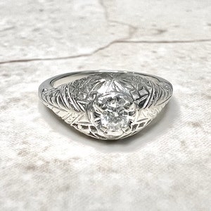 Antique Diamond Engagement Ring - Solid 14K White Gold Diamond Solitaire Ring - Edwardian Ring - Diamond Wedding Ring - Vintage Diamond Ring