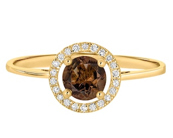 Anillo de cuarzo ahumado redondo de 14 quilates con halo - Oro amarillo macizo de 14 quilates - Anillo de cuarzo ahumado - Anillo de promesa de cuarzo ahumado - Anillo con piedra natal de junio - Regalo para ella