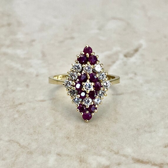 Fine Vintage 18K Ruby & Diamond Navette Ring - Ye… - image 2