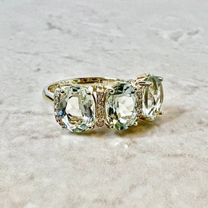 14K Oval Green Quartz & Diamond Cocktail Ring - 14K Yellow Gold Three Stone Ring - Green Amethyst Ring - Gold Prasiolite Ring - Holiday Gift