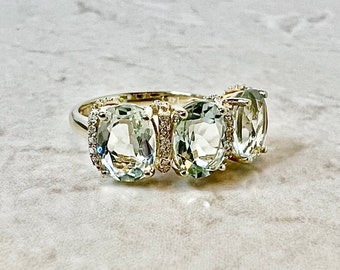 14K Oval Green Quartz & Diamond Cocktail Ring - 14K Yellow Gold Three Stone Ring - Green Amethyst Ring - Gold Prasiolite Ring - Holiday Gift