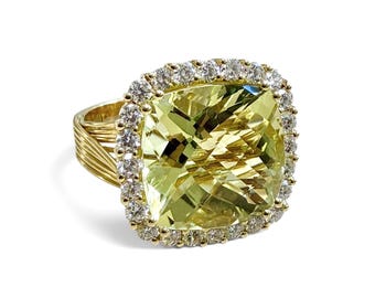 ZYDO Italy "Sole Mio" 18K Yellow Gold 10.92 CT Lemon Quartz & Diamond Halo Ring - Cushion Cut Cocktail Ring - Statement Rings - Gift For Her