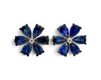 ZYDO Italy "Fiori Del Mare" 18K White Gold Natural Blue Sapphire & Diamond Flower Earrings - Blue Sapphire Earrings - Statement Earrings