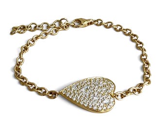 ZYDO Italy "Cuore Al Polso" 18K Yellow Gold 0.93 CTW Natural Diamond Heart Bracelet - Adjustable Pave Diamond Bracelet - Christmas Gifts