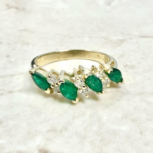 Vintage 14K Diamond & Natural Emerald Band Ring - 14K Yellow Gold Emerald Ring - Genuine Emerald Ring - May Birthstone Ring - Birthday Gift