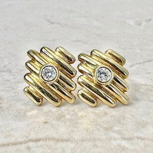 Vintage 18 kt diamanten oorknopjes met ring - Massieve 18 kt geelgouden diamanten oorbellen - 18 kt gouden oorbellen - vintage oorbellen - cadeau voor haar