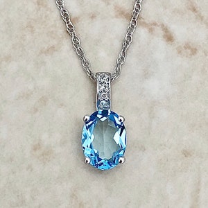 14K Diamond & Oval Swiss Blue Topaz Pendant Necklace - 14K White Gold Topaz Necklace - November December Birthstone Necklace - Birthday Gift