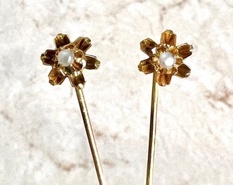 Set Of Two Antique Yellow Gold Pearl Stick Pins - 14K Yellow Gold Pin - Natural Pearl Pin - Gold Hat Pin - Antique Stick Pin - Flower Pin