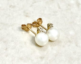 Vintage 10K White Pearl & Diamond Stud Earrings - 10K Yellow Gold Pearl Studs - Genuine Pearls - June Birthstone Earrings - Gift For Her
