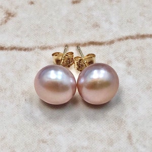 14K Pink Pearl Stud Earrings - 14K Yellow Gold Pearl Earrings - Freshwater Button Pearls - Birthday Gift For Her - June Birthstone Earrings