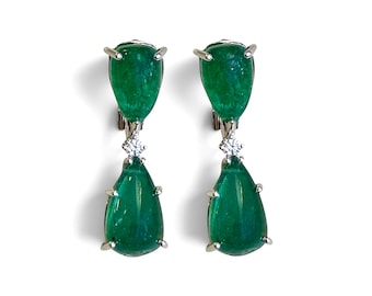 ZYDO Italy "Gemelli Verdi" 18K White Gold 18.98 CT Natural Emerald & Diamond Drop Earrings - Emerald Earrings - Statement Earrings For Women