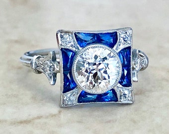 Very Fine Handcrafted Platinum Art Deco Style Diamond & Sapphire Engagement Ring - Cocktail Ring - Promise Ring - Maltese Cross Ring