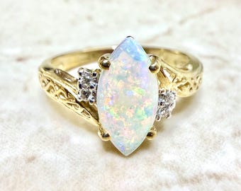 Vintage 14K Natural Opal Solitaire Ring - 14K Yellow Gold Opal Ring - Opal & Diamond Bypass Ring -  October Birthstone Ring - Gift For Her