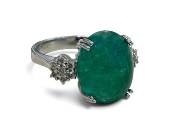 ZYDO Italy "Primadonna" 18K White Gold 6.62 CT Natural Emerald & Diamond Ring - Cabochon Emerald Ring - Statement Ring - Holiday Gifts