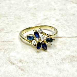 Vintage 14K Yellow Gold Sapphire & Diamond Ring - Blue Sapphire Ring - Sapphire Cocktail Ring - September Birthstone Ring - Gift For Her