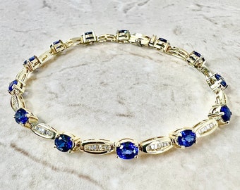 Vintage 14K Sapphire & Diamond Bracelet - 14 Karat Yellow Gold Sapphire Bracelet - Sapphire Tennis Bracelet - September Birthstone Bracelet