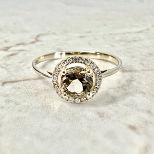 14K Round Smoky Quartz Halo Ring - Solid 14K Yellow Gold Smoky Quartz Ring - Smoky Quartz Promise Ring - June Birthstone Ring - Gift For Her