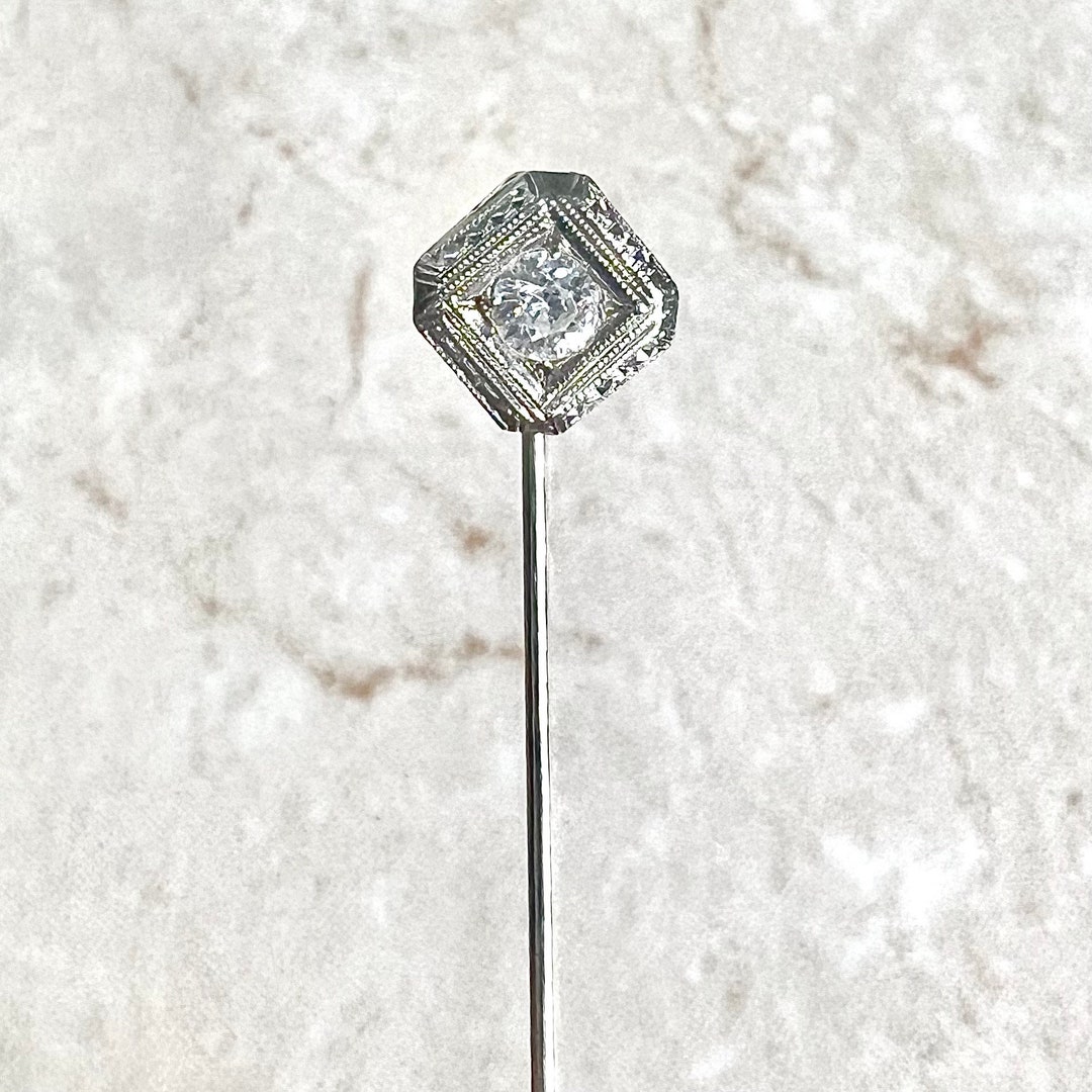 Antique Art Deco Diamond Stick Pin 14 & 18K White Gold Stick Pin