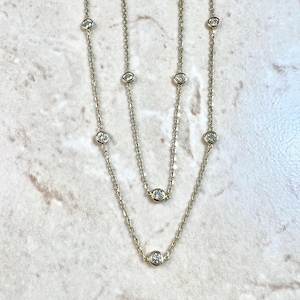 0.80 CT 14K Gold Bezel Diamond Station Necklace - Solid 14K Yellow Gold Diamond By The Yard Necklace - Natural Diamond Necklaces For Women