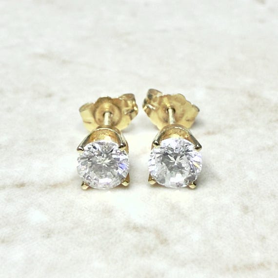 Vintage 1 CTTW 14K Natural Diamond Stud Earrings - Solid 14K Yellow Gold Round Diamond Studs - Vintage Diamond Earrings - Best Gift For Her
