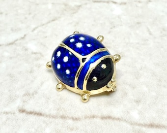 Broche Vintage Coccinelle - Plaque Or, émail Bleu Et Strass - YR