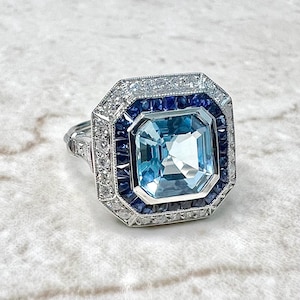 Fine Art Deco Style Handcrafted Platinum Aquamarine Sapphire & Diamond Halo Ring - Aquamarine Ring - Engagement Ring - Promise Rings For Her