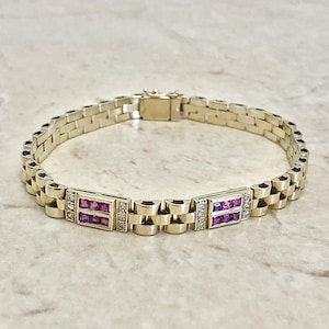 Fine Vintage 18K Ruby & Diamond Link Bracelet - Yellow Gold Ruby Bracelet - July Birthstone - Birthday Gift - Best Gifts For Her