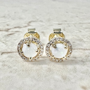 14K Opal Stud Earrings - 14K Yellow Gold Opal Earrings - Opal Halo Earrings - Natural Opal & Diamond Earrings  - October Birthstone Earrings