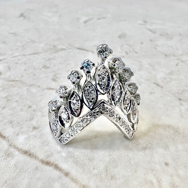 Vintage 16K Gold Diamond Cocktail Ring - White Gold Diamond Ring - Crown Ring - Promise Ring - Birthday Gift - Best Gift For Her