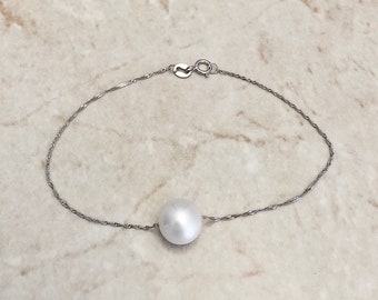 14K White Gold White Pearl Bracelet - Genuine Pearl Bracelet - Single Pearl Bracelet - Birthday Gift - June Birthstone - Best Gift For Her