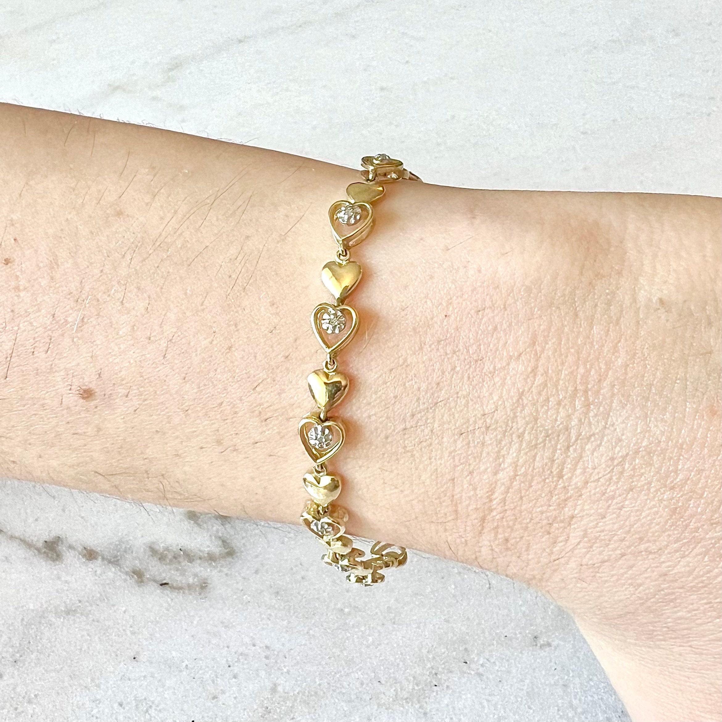 Vintage 10K Heart Diamond Bracelet - 10K Yellow Gold Diamond
