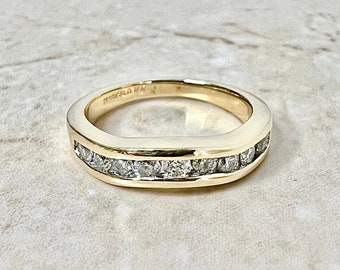 14K Vintage Wavy Diamond Band Ring - Solid 14K Yellow Gold Anniversary Ring - Diamond Wedding Ring - Half Eternity Band - Half Eternity Ring
