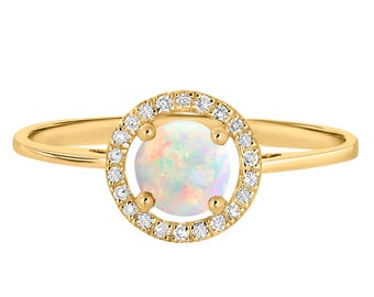 14K Round Opal Halo Ring - Yellow Gold Opal Ring - Gemstone Halo Ring - Opal Promise Ring - October Birthstone Gift - Birthday Gift For Her