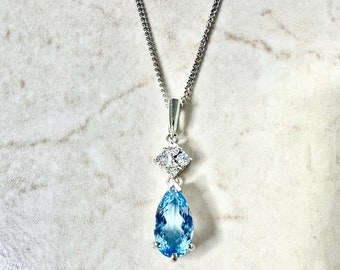 Fine Platinum Pear Shape Aquamarine & Diamond Pendant Necklace - Aquamarine Pendant - March Birthstone - Aquamarine Necklace - Holiday Gifts