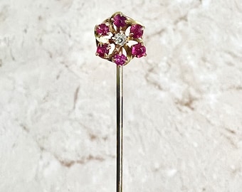 Antique Edwardian 14K Diamond & Ruby Halo Stick Pin - Solid 14K Yellow Gold Ruby Stick Pin - Gold Stick Pin - Gold Lapel Pin - Gold Hat Pin