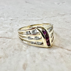 Vintage 14K Gold Diamond & Natural Ruby Ring - Solid 14K Yellow Gold Ruby Cocktail Ring - July Birthstone Ring - July Birthday Gifts For Her