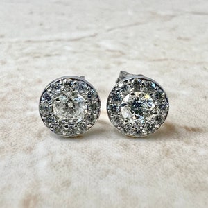 14K Round Diamond Halo Stud Earrings 0.75 CTTW - 14K White Gold Diamond Studs - Diamond Halo Earrings - Diamond Earrings - Gift For Her