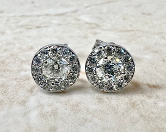 14K Round Diamond Halo Stud Earrings 0.75 CTTW - 14K White Gold Diamond Studs - Diamond Halo Earrings - Diamond Earrings - Gift For Her
