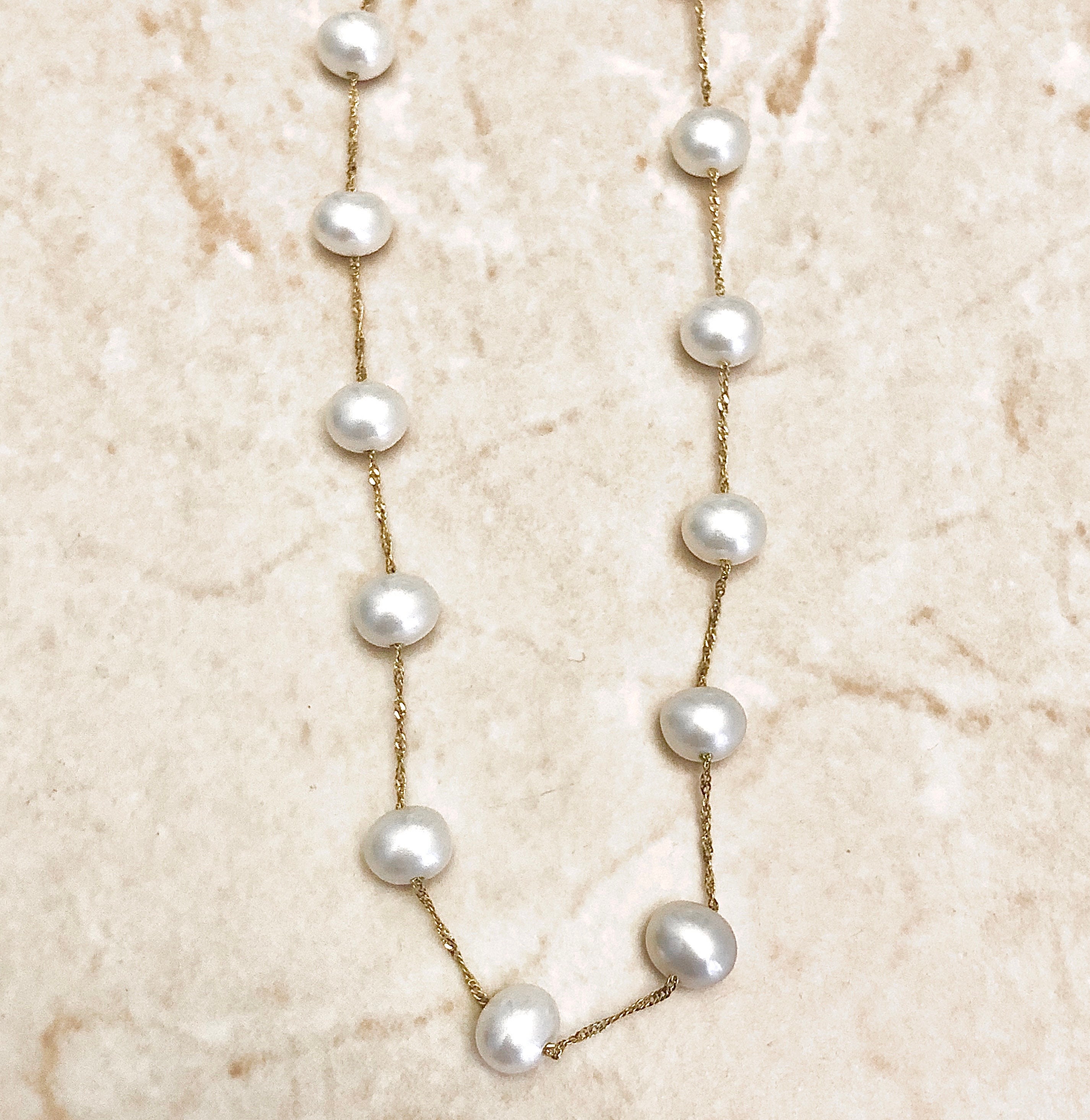 14K Tin Cup Pearl Necklace - 14K Yellow Gold Genuine White