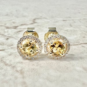 14K Citrine Halo Stud Earrings - Yellow Gold Citrine Studs - Gold Citrine Earrings - Citrine Halo Earrings - November Birthstone Earrings