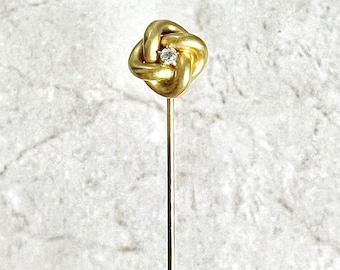 Antique Edwardian Yellow Gold Diamond Stick Pin - 14K Yellow Gold Pin - Gold Hat Pin - Antique Stick Pin - Lapel Pin - Solitaire Stick Pin