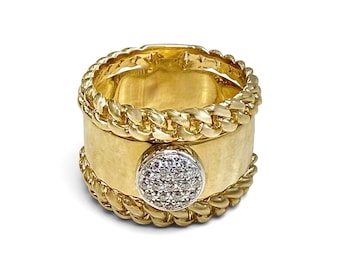 ZYDO Italy "La Corona" 18K White & Yellow Gold Natural Diamond Band Ring - Chunky Gold Ring - Wide Cocktail Ring - Statement Ring For Women