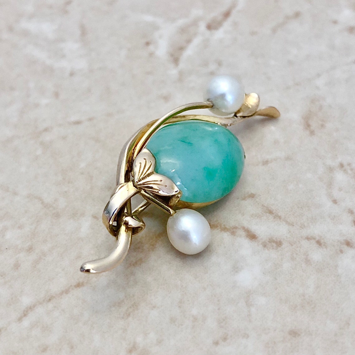 Vintage 14K Jadeite Jade & Pearl Pendant Necklace Yellow Etsy