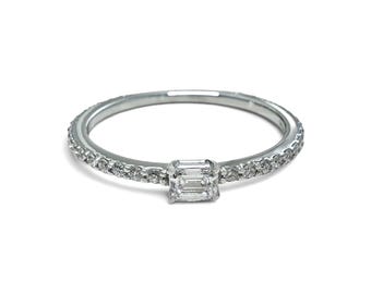 ZYDO Italy "Luce Scintillante" 18K White Gold Natural Emerald Cut Diamond Ring - East West Ring - Diamond Wedding Ring - Stackable Ring