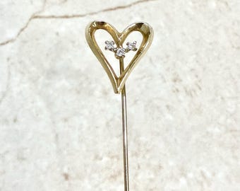 Vintage 14K Yellow Gold Diamond Heart Stick Pin -  Diamond Stick Pin - Vintage Stick Pin - Gold Stick Pin - Diamond Lapel Pin - Hat Pin