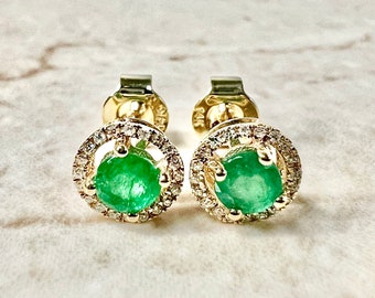 14K Emerald Halo Stud Earrings - Yellow Gold Emerald Studs - Gold Emerald Earrings - Genuine Emerald Halo Earrings - May Birthstone Earrings