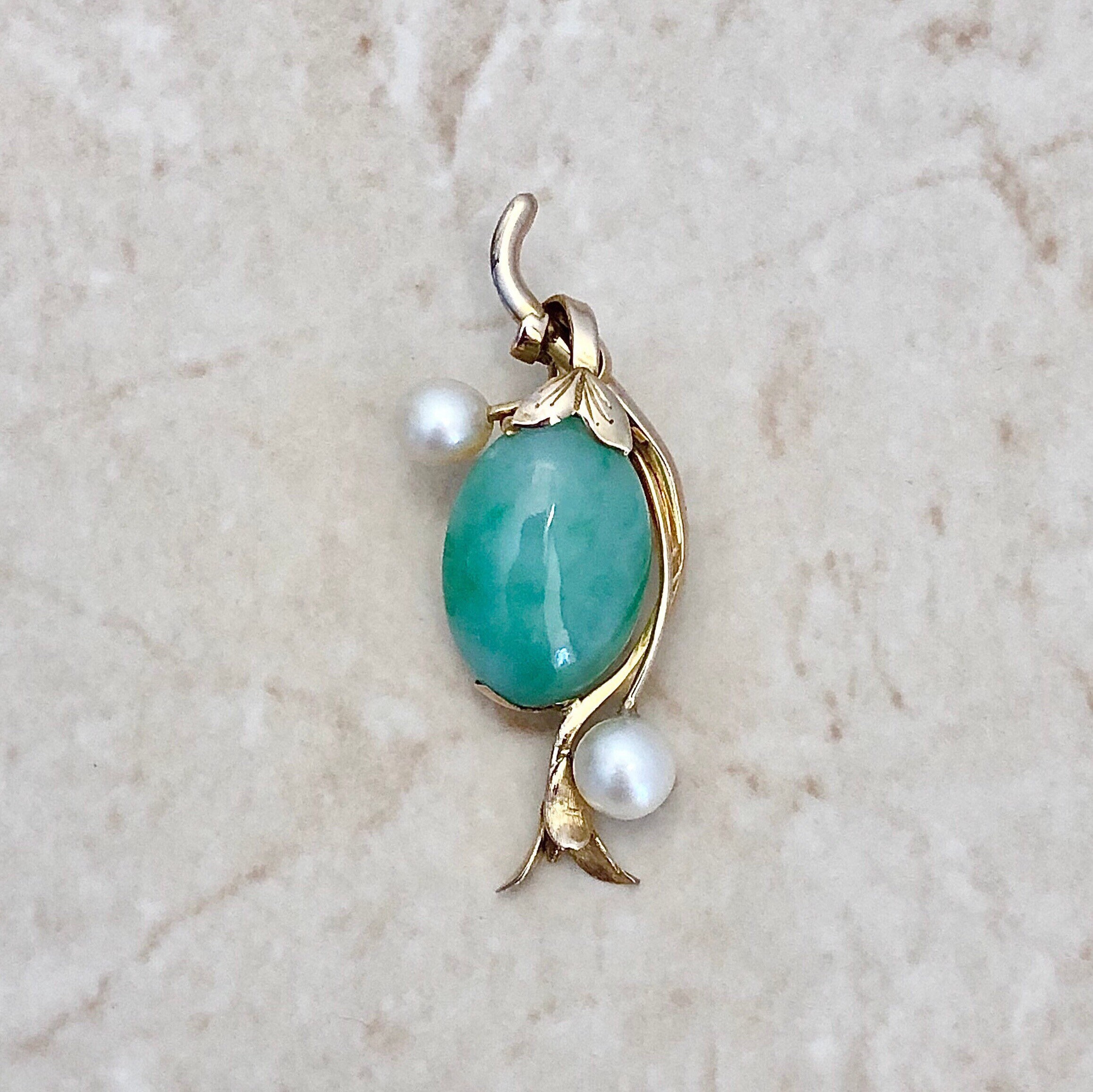 Vintage 14K Jadeite Jade & Pearl Pendant Necklace Yellow Etsy