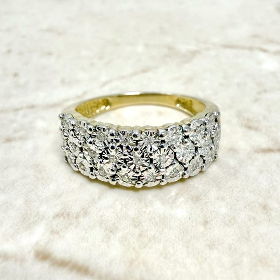 Vintage 14K Gold 3 Row Diamond Band Ring - 14K Two Tone Gold Diamond Ring - 3 Row Diamond Ring - Diamond Wedding Band - Diamond Wedding Ring