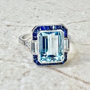 Anillo de platino Art Déco de alta calidad, hecho a mano, con halo de aguamarina, zafiro y diamantes. Anillo de cóctel. Anillo de compromiso. Anillo de promesa.